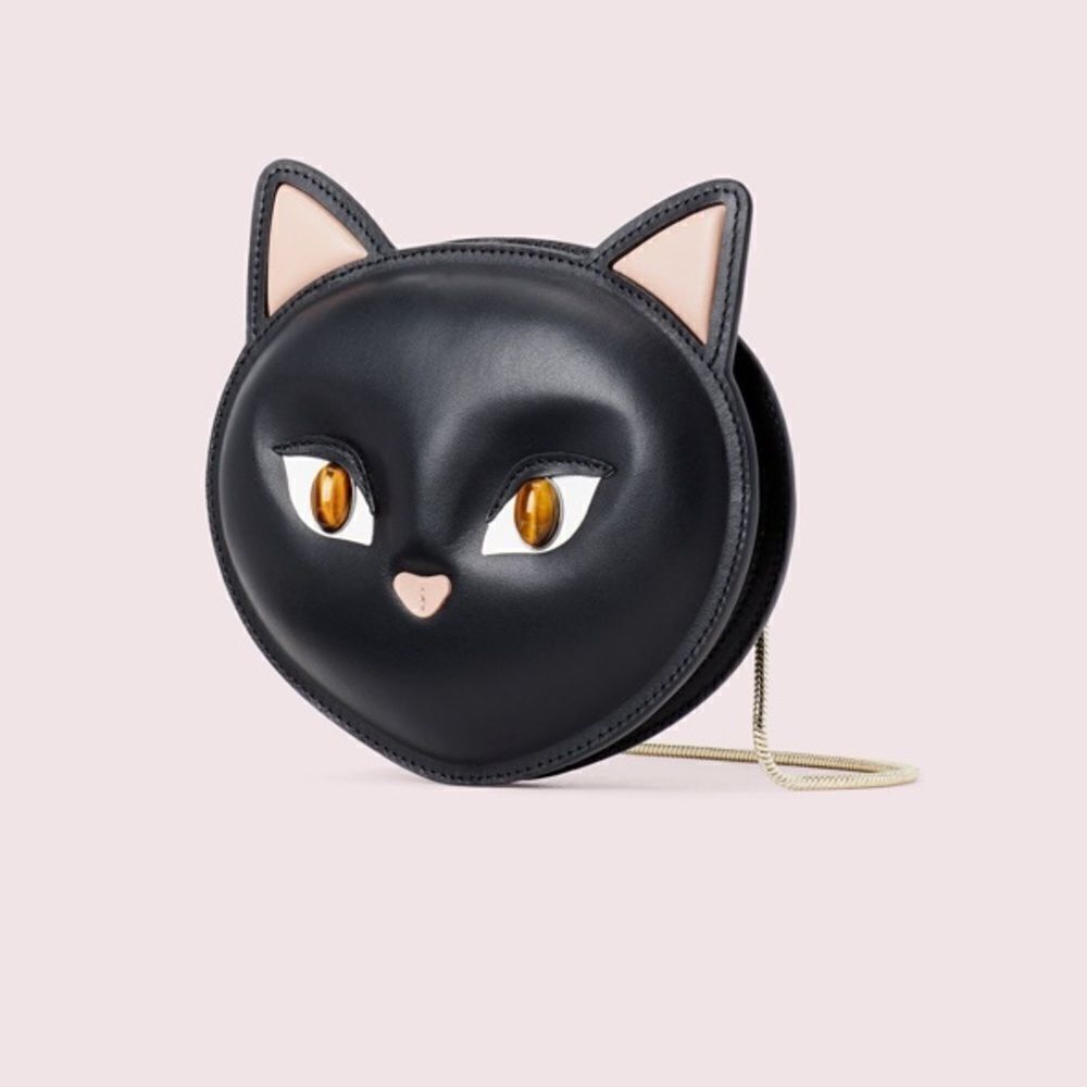 KATE SPADE BLACK CAT CROSSBODY BAG MEOW NOVELTY PURSE LEATHER GOLD CHAIN - Picture 6 of 9